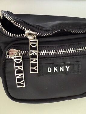 DKNY Black Nylon Belt Bag with Silver Logo Zippers
